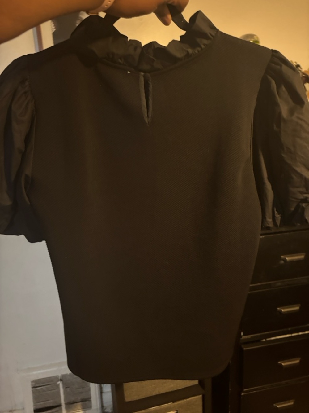 THML Black Puff Sleeve Ruffle Neck Top - Picture 3 of 5